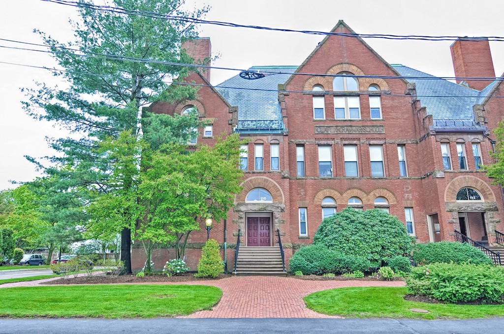 Exterior view of loft-style 2-bedroom condo at 110 Washington Park in Newton, Massachusetts